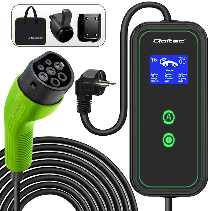 Qoltec Mobile charger for EV 2in1 Type2 3.5kW 230V SCHUKO 16A LCD Portable Wallbox 5m