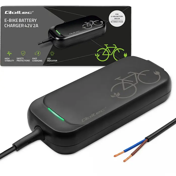 Qoltec Fast Charger for e-bike 36V 42V 2A open cable without plug waterproof + power cable