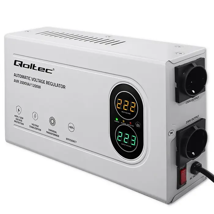 Qoltec Automatic Voltage Stabilizer AVR 2000VA 1200W Compact Toroidal transformer