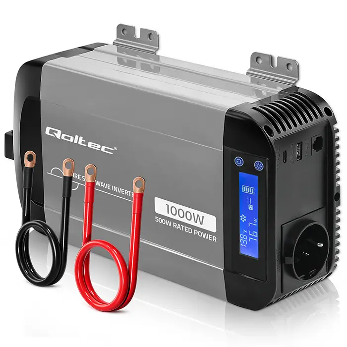 Qoltec Pure Sine Wave Inverter 12V to 230V 500/1000W LCD USB USC-C Compatible with LiFePO4 GEL AGM