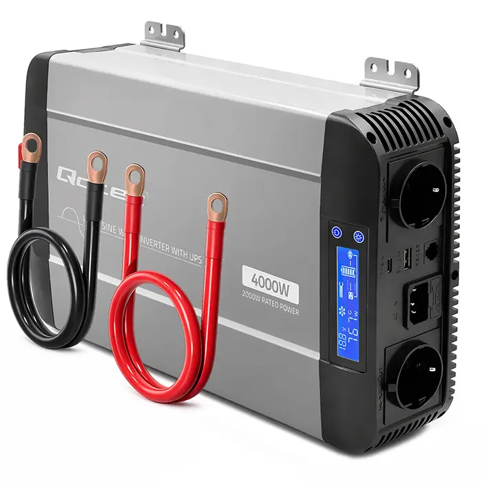 Qoltec Pure Sine Wave Inverter 12V to 230V 2000/4000W UPS BYPASS LCD USB USB-C Compatible with LiFePO4 GEL AGM