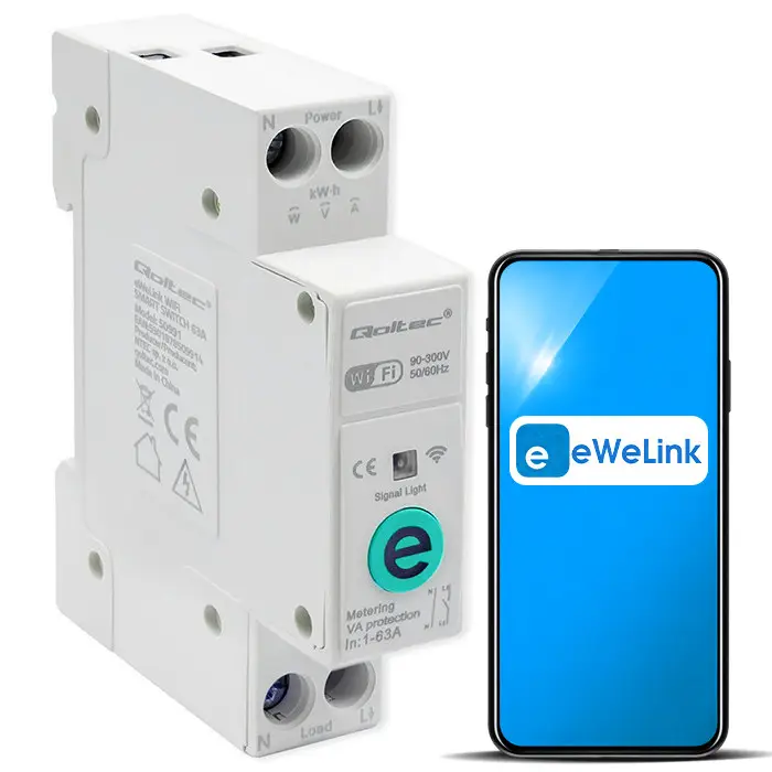 Qoltec Wi-fi DIN rail relay with electricity meter 63A eWeLink by Sonoff Wi-Fi LED
