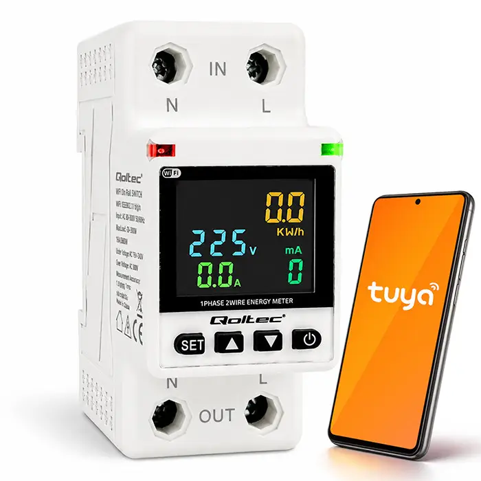 Qoltec Single-phase electronic wattmeter energy consumption meter DIN35 Remote control Measurement history Wi-Fi TUYA Smart life