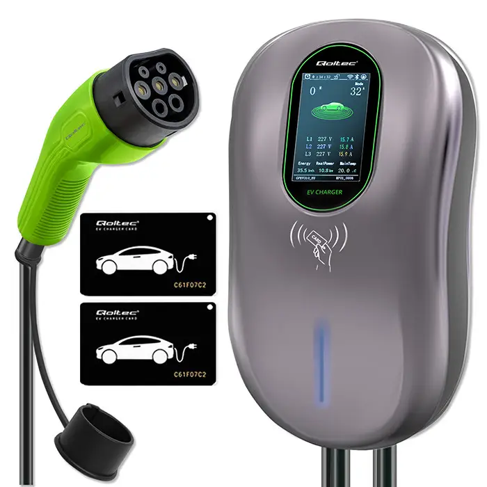 Qoltec EV Charging Station Type2 22kW LCD 2 EV cards 3 phases Wallbox 5m