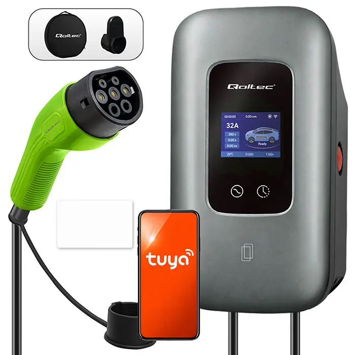 Qoltec EV Charging Station Type2 3 phases 22kW 32A Wi-fi LCD RFID Smart life TUYA Wallbox 5m