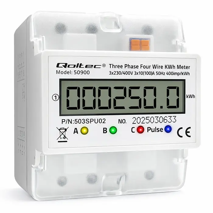 Qoltec Three phase electronic energy consumption meter 400V LCD 4P DIN rail