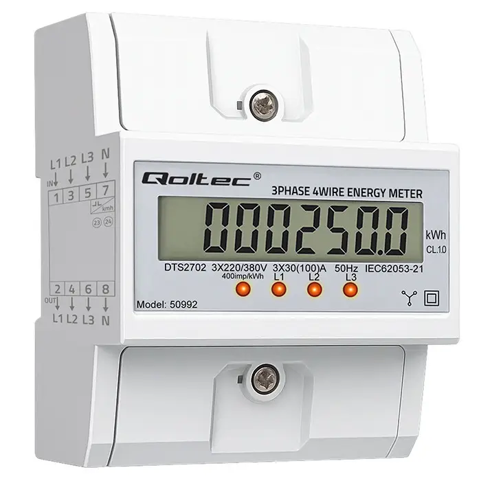 Qoltec Three-phase electronic meter DIN rail energy consumption meter 400V 100A LCD 4P