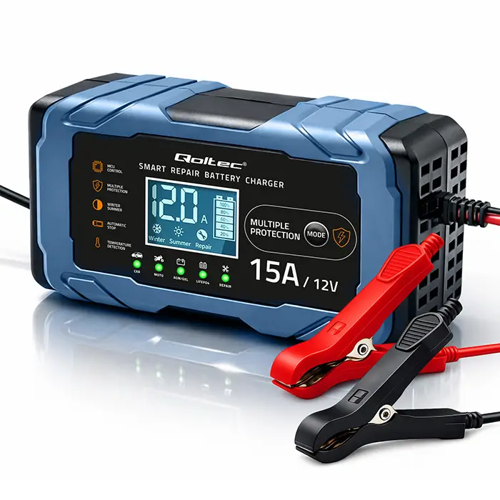 Qoltec Intelligent microprocessor charger 12V 15A Rectifier with repair function AGM GEL LiFePO4 9-stage charging