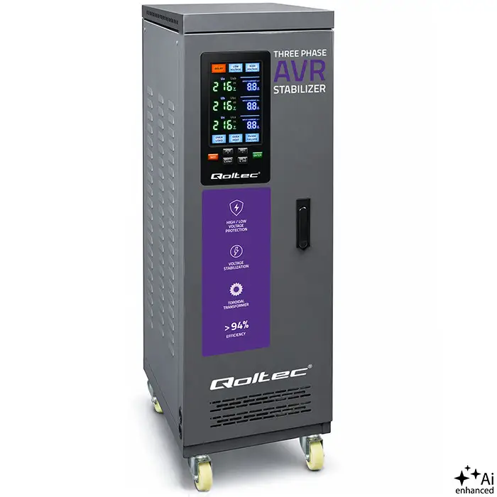 Qoltec kolmefaasiline pingestabilisaator AVR MULTIPROTECTION 40kVA täpsus ± 3% servomootor LCD Expert Line