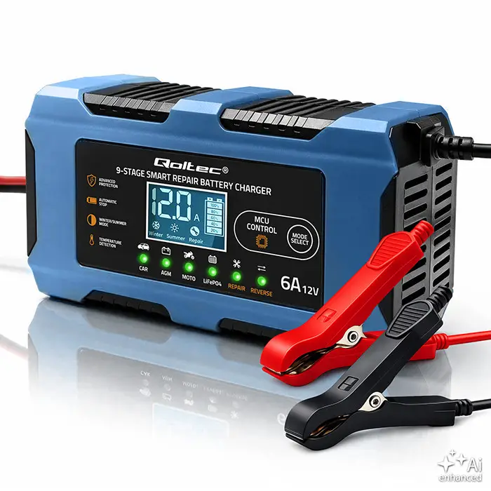 Qoltec Smart Battery Charger 12V 6A Rectifier with repair function MCU Auto OFF 9-stage charging AGM, GEL, LiFePO4