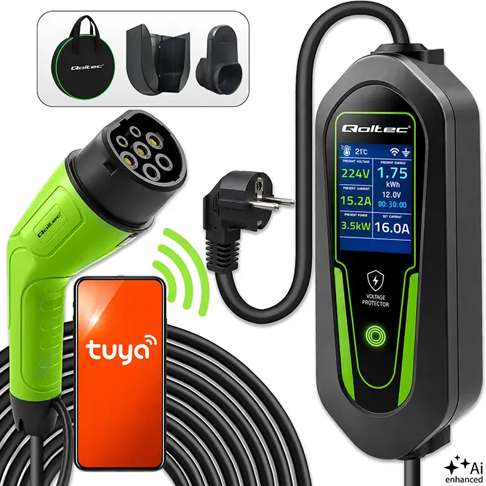 Qoltec elektriauto ja hübriidi laadija 2-in-1 Type 2 reguleeritav 3.5kW 230V SCHUKO 16A Wi-Fi Tuya Smart Life LCD 5m