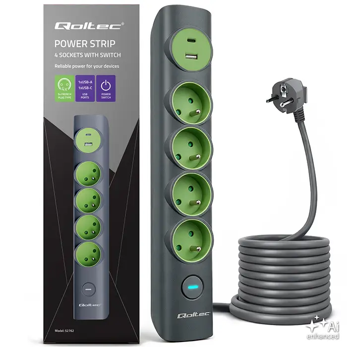 Qoltec Pikendusjuhe valgustatud lülitiga, 6-in-1, 4 maandusega pistikupesa, 1xUSB-C 15W, 1xUSB 12W, 1.8m