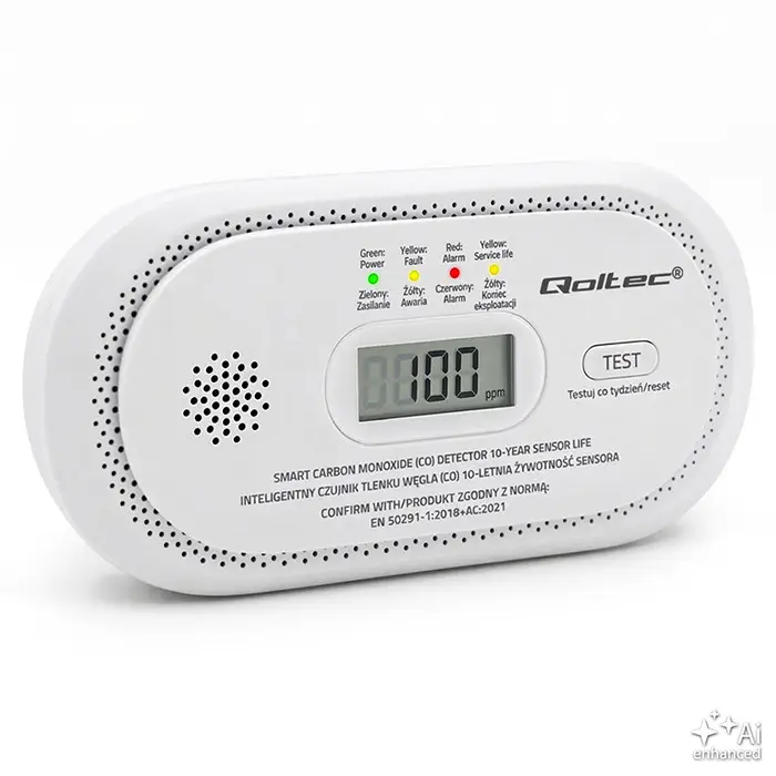Qoltec sertifitseeritud juhtmevaba vingugaasiandur (CO), 10-aastane anduri eluiga, 85 dB alarm, LCD, LED-märgutuled