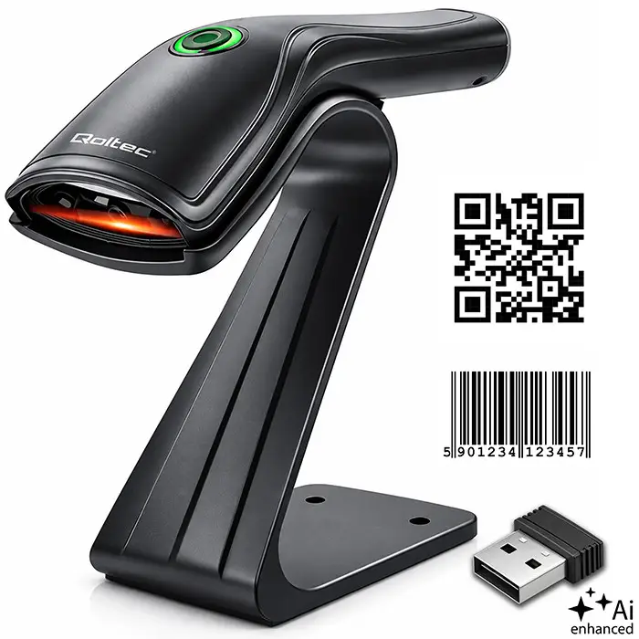 Qoltec täpne juhtmevaba triipkoodilugeja 1D 2D + hoidik QR EAN USB