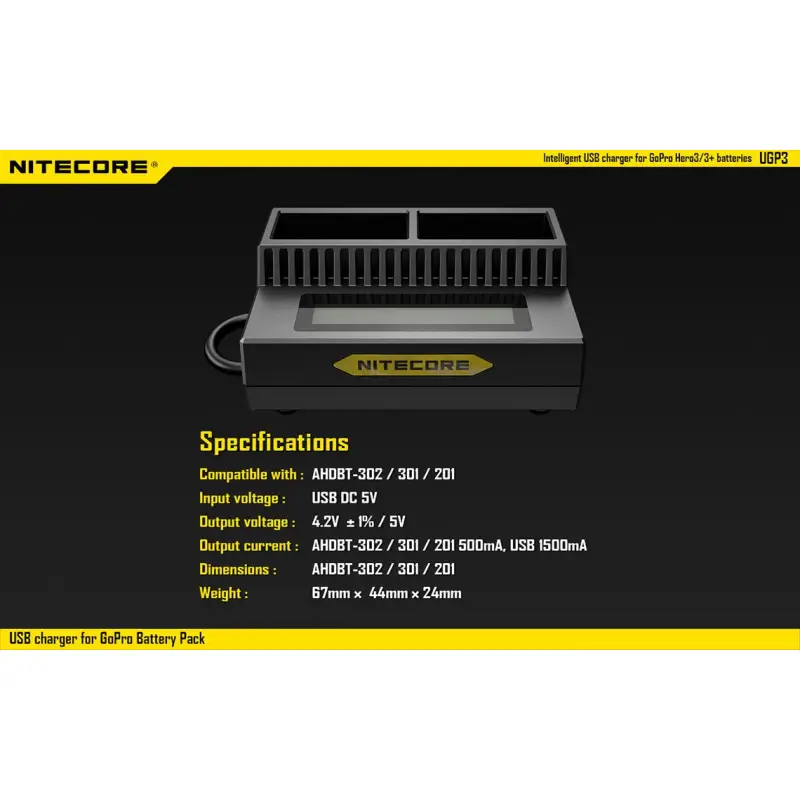 Nitecore UGP3 laadija GoPro Hero AHDBT-302, AHDBT-301, AHDBT-201 akudele