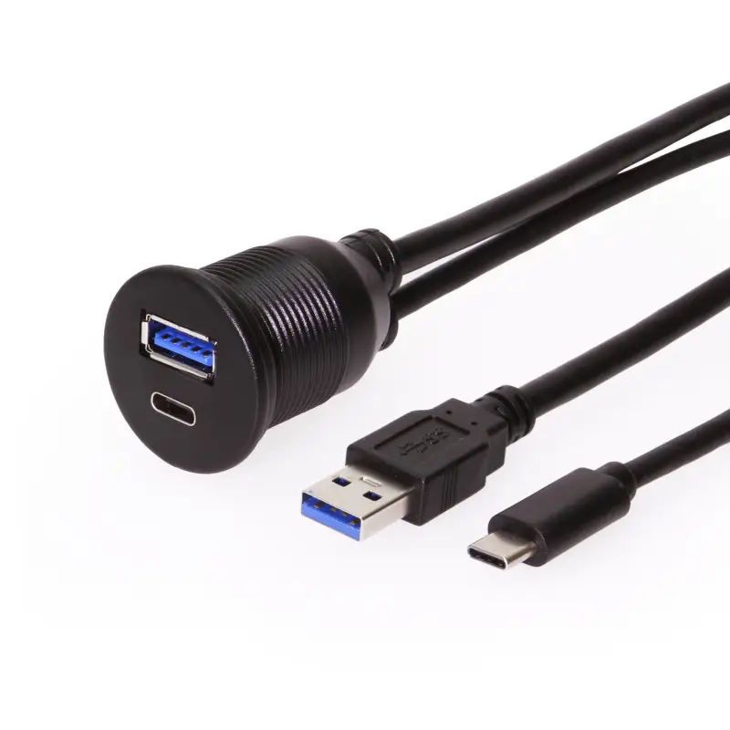 Coolgear USB Panel Mount Extension 1 x Type C 3.0 and 1 x USB 3.0 A Male to Female Cable