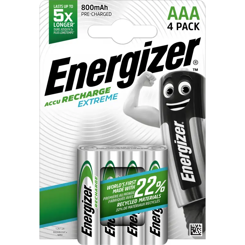 Rechargeable Battery HR03 (AAA) 1.2V 800mAh Ni-Mh Extreme Energizer 4pcs blister