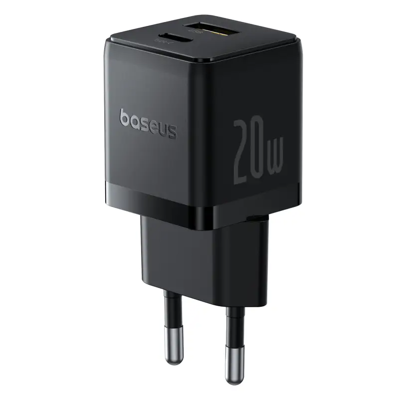 Wall Fast Charger Palm 20W USB + USB-C QC3.0 PD3.0 with USB-C Cable 1m, Black
