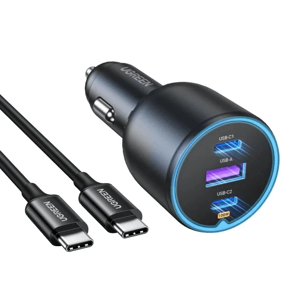 Car Quick Charger 130W 12-24V USB-A + 2xUSB-C QC3.0 PD3.0 with USB-C Cable 1m
