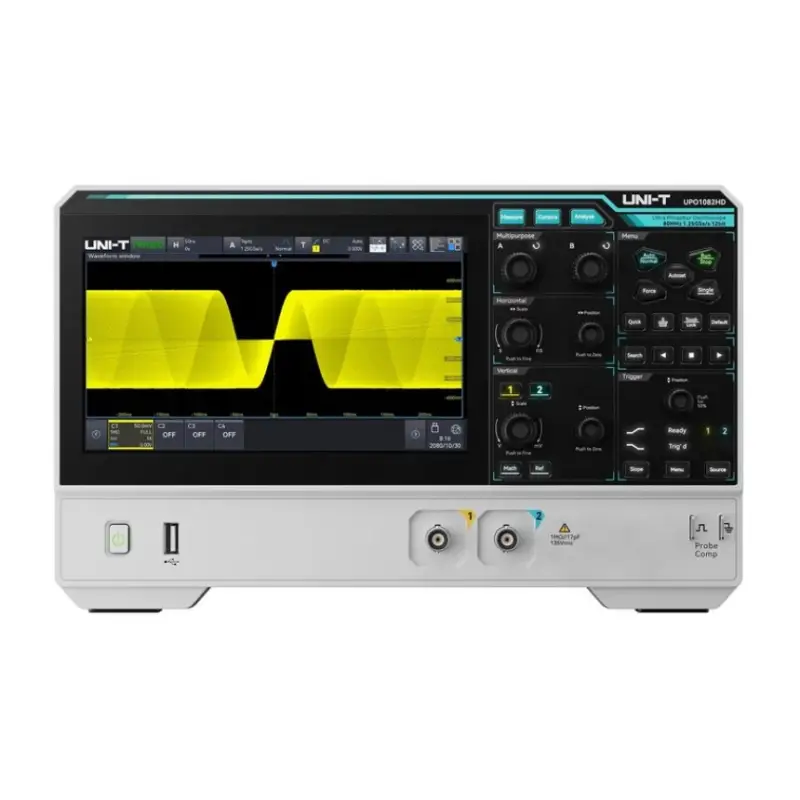 Kõrge resolutsiooniga ostsilloskoop 2 CH, 12bit, 80Mhz, 1.25 GSa/s, 100 Mpts, 100 000 wfms/s, 7" multi-touch, UNI-T