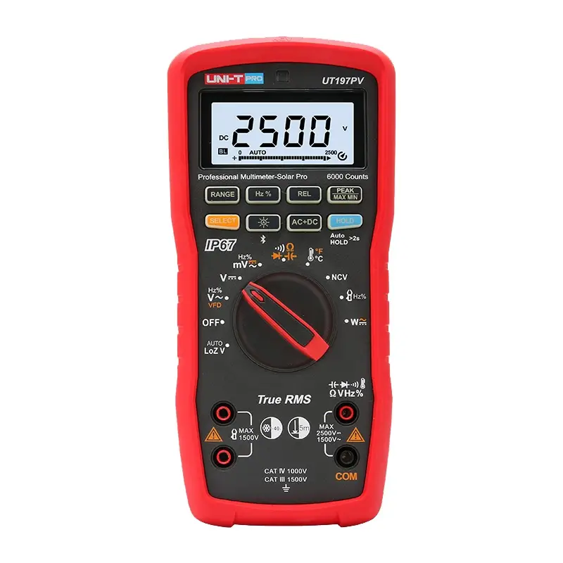 Multimeeter-Solar Pro, 2.5kV DC, 1kV AC, 10A AC/DC, 60MΩ, 60mF, 1MHz, 1000°C, TRMS, 5m kukkumiskindel, IP67, Bluetooth, CAT IV 1000V & CAT III 1500V, UNI-T