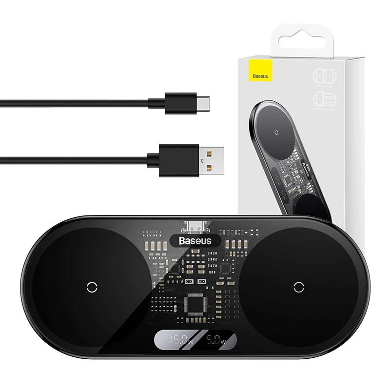 Двойное беспроводное зарядное устройство Qi Baseus Digital LED Display, 20 Вт