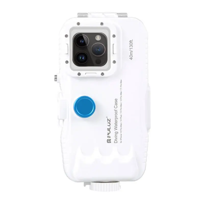 Puluz plastikust veekindel ümbris iPhone 15 Plus/15 Pro Max/14 Plus/14 Pro Max/13 Pro Max/12 Pro Max/11 Pro Max (valge) jaoks