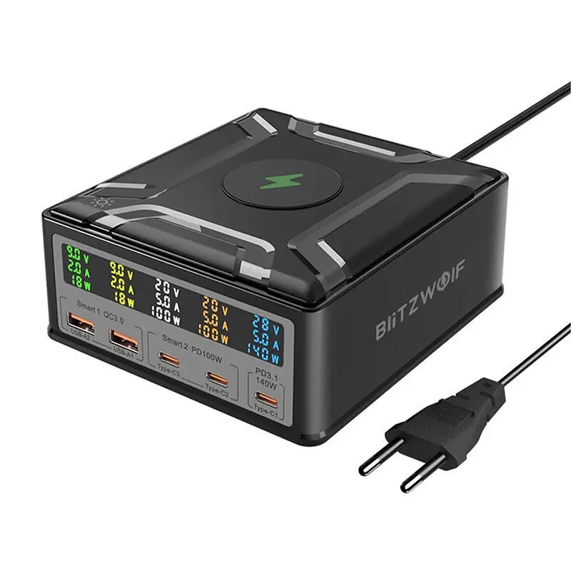 Blitzwolf BW-S28 260W, 2xUSB-A, 3xUSB-C, 15W juhtmevaba laadija (must)