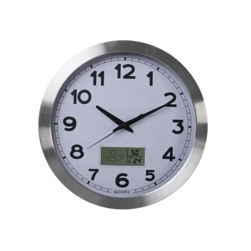 Aluminum case wall clock - LCD - thermo-hygrometer + weather forecast - Ø 35 cm