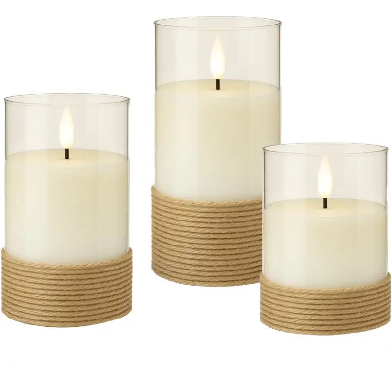 Set of 3 LED Real Wax Candles in Glass, White, Wrapped with Hemp