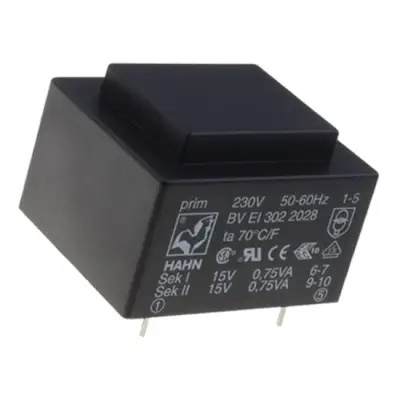 Kinnine trafo 3.7VA 230VAC/6V 0.6A EI38 PCB Hahn