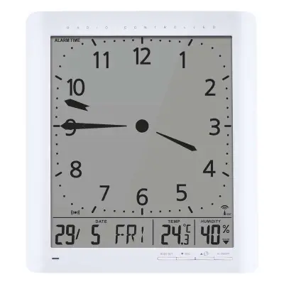 Suur LCD osutitega seinakell kalender termomeeter DCF valge