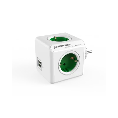 PowerCube Original 4 Sockets 16A/230V~ + 2xUSB 2.1A Green/white  7,5x7,5x7,5cm