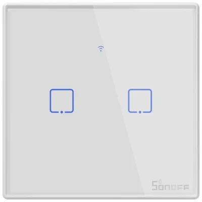 Sonoff T2 EU WiFi+RF Nutilüliti seinale 2A, 2 kanalit, Valge puutetundlik