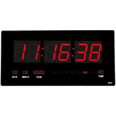Digital wall clock with date and thermometer, red numbers 8cm high