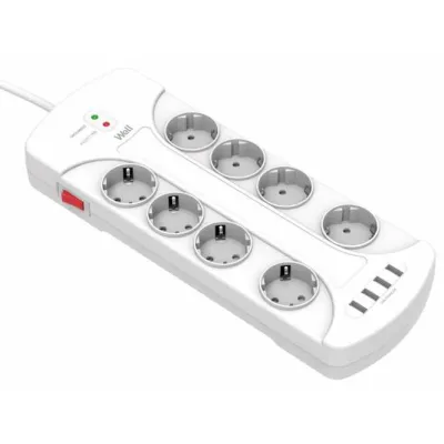 Pikendusjuhe 16A 8 pesa ja 4x USB 2.1A, 3m 3G1.5mm2 valge