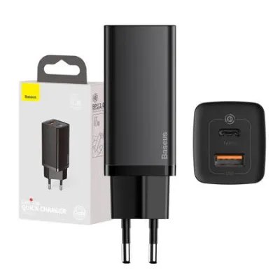 USB laadija USB-A USB-C pesad 65W Baseus GaN2 Lite must