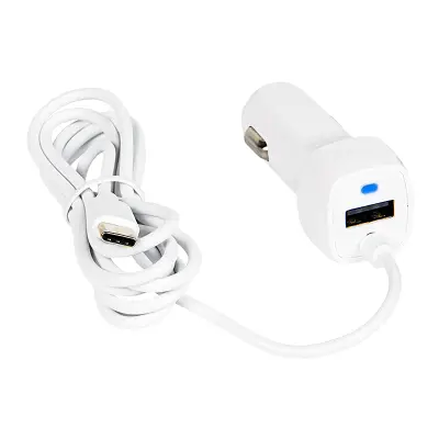 Autolaadija USB-A + USB-C  juhtmega 12-24V väljundvool 2.1A Valge