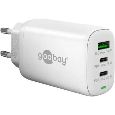 USB laadija USB-A 2xUSB-C pesad QC3.0 PD 65W 18W 27W valge