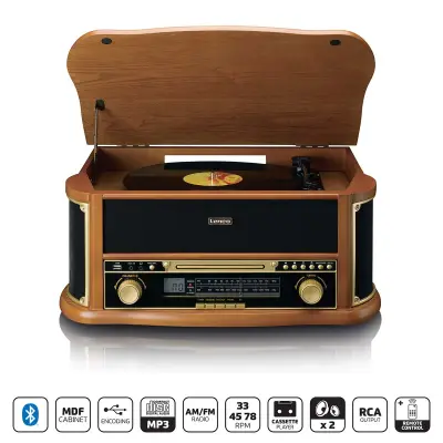Vinüülimängija puidust retro AM/FM raadio BT CD kassett USB