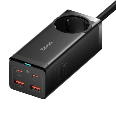 USB laadija USB-A USB-C pesad AC 100W Baseus GaN3 Pro must
