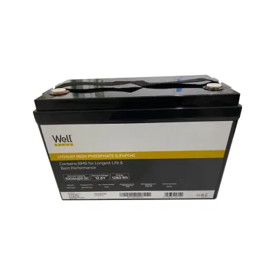 Acumulator litiu LiFePO4 Well 12.8V 100Ah, cu BMS, terminal M8, 334x175x218mm