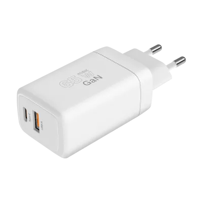 USB charger with USB-A and USB-C ports, 65W GaN, PD, QC, PPS, white