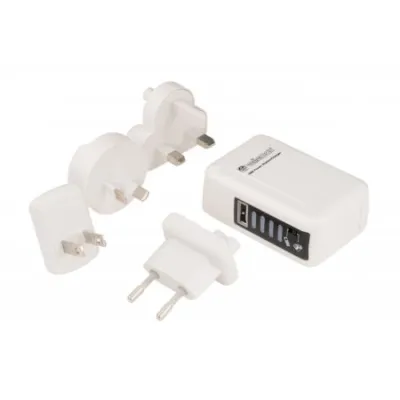 USB laadija USB-A pesa + reisiadapter-pistikud valge