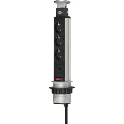 Tower Power, 3-way table socket strip (retractable socket strip, 2-way USB, 2m cable, can be completely lowered into the table top) 2.00 m silver/black TYPE F