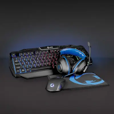 Gaming Combo Kit, 4-in-1, Keyboard, Headset, Mouse and Mouse Pad, Black / Blue, QWERTY