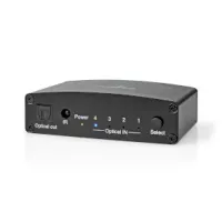 Digital Audio Switch, 4-way, Audio / video / data connections input: DC Power / 4x TosLink, Audio / video / data connections output: TosLink Female, Manual / Push Button / Remote Control