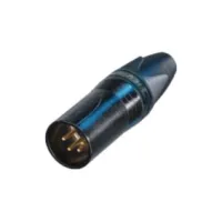 4 pole male cable connector with black metal housing and gold contacts.