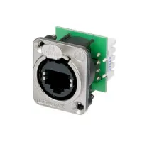 Panel mount receptacle with IDC punch down terminals, D-sized metal flange with latch lock, max. panel thickness 4 mm, mounting screws included