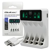 Qoltec Battery Charger for Ni-MH type R03 AAA R6 AA LCD USB-C cable White